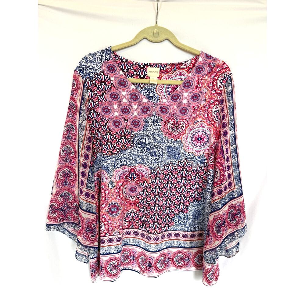 Chico's Pink Blue Mandala Patchwork Boho Patchwork Blouse Top, Flowy, 2, Large